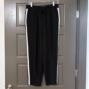 Zara Black Crepe Drawstring Trousers with White Side Stripes
